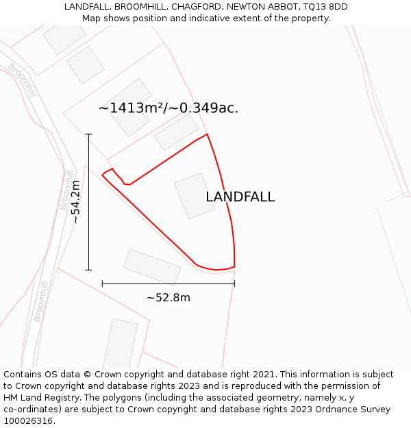 LANDFALL, BROOMHILL, CHAGFORD, NEWTON ABBOT, TQ13 8DD: Plot and title map