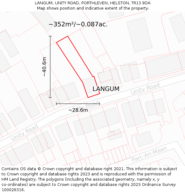 LANGUM, UNITY ROAD, PORTHLEVEN, HELSTON, TR13 9DA: Plot and title map