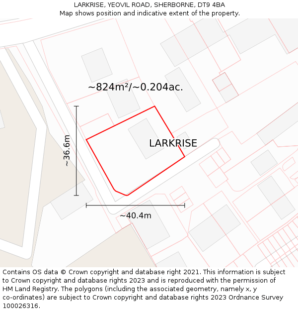 LARKRISE, YEOVIL ROAD, SHERBORNE, DT9 4BA: Plot and title map