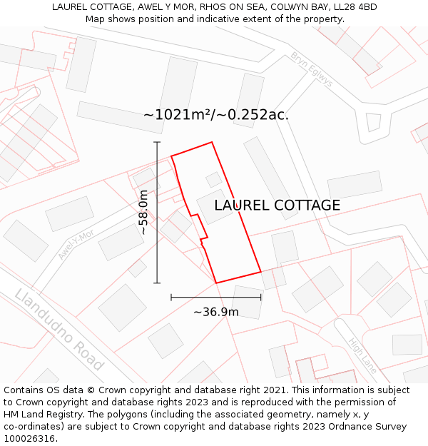 LAUREL COTTAGE, AWEL Y MOR, RHOS ON SEA, COLWYN BAY, LL28 4BD: Plot and title map