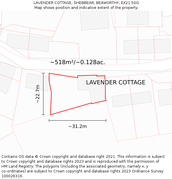 LAVENDER COTTAGE, SHEBBEAR, BEAWORTHY, EX21 5SG: Plot and title map