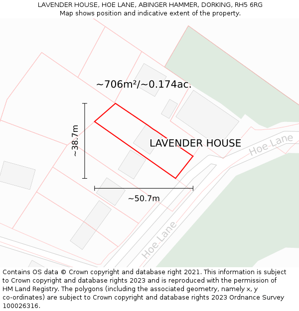 LAVENDER HOUSE, HOE LANE, ABINGER HAMMER, DORKING, RH5 6RG: Plot and title map