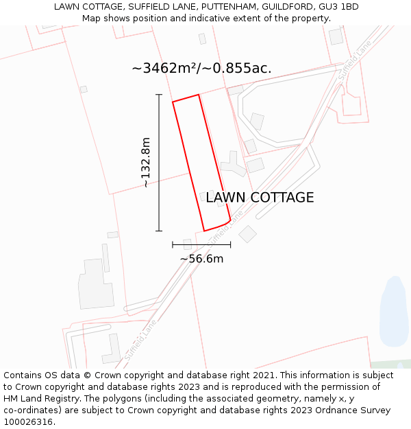 LAWN COTTAGE, SUFFIELD LANE, PUTTENHAM, GUILDFORD, GU3 1BD: Plot and title map