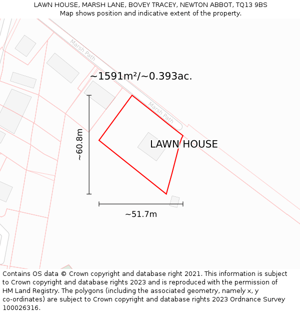 LAWN HOUSE, MARSH LANE, BOVEY TRACEY, NEWTON ABBOT, TQ13 9BS: Plot and title map