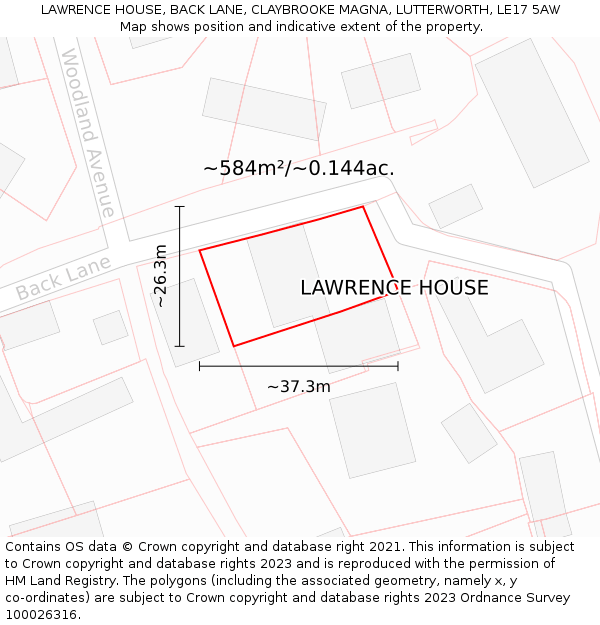 LAWRENCE HOUSE, BACK LANE, CLAYBROOKE MAGNA, LUTTERWORTH, LE17 5AW: Plot and title map