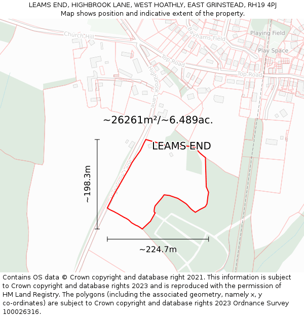 LEAMS END, HIGHBROOK LANE, WEST HOATHLY, EAST GRINSTEAD, RH19 4PJ: Plot and title map