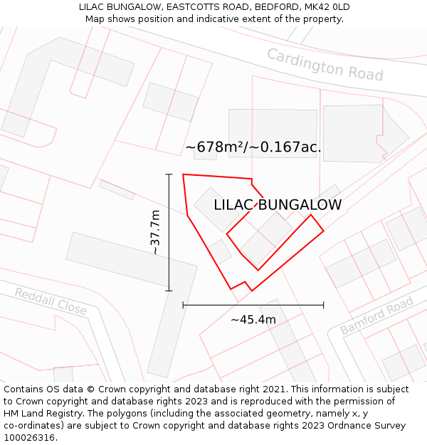 LILAC BUNGALOW, EASTCOTTS ROAD, BEDFORD, MK42 0LD: Plot and title map