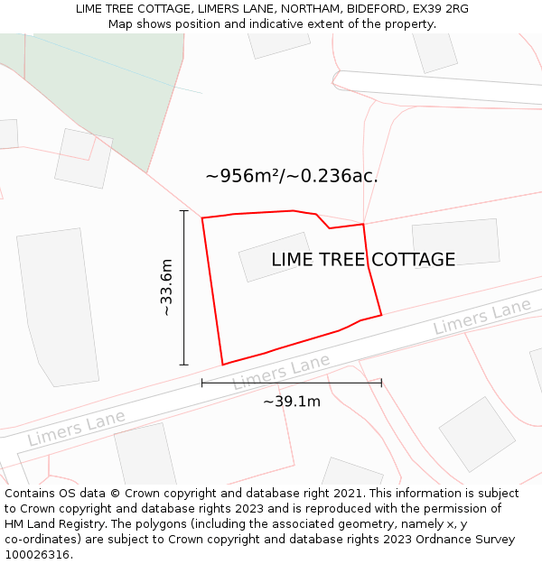 LIME TREE COTTAGE, LIMERS LANE, NORTHAM, BIDEFORD, EX39 2RG: Plot and title map