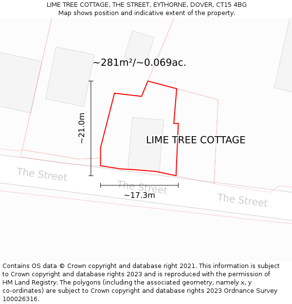 LIME TREE COTTAGE, THE STREET, EYTHORNE, DOVER, CT15 4BG: Plot and title map