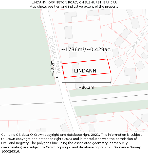 LINDANN, ORPINGTON ROAD, CHISLEHURST, BR7 6RA: Plot and title map