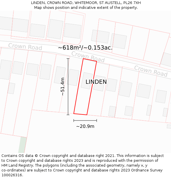 LINDEN, CROWN ROAD, WHITEMOOR, ST AUSTELL, PL26 7XH: Plot and title map