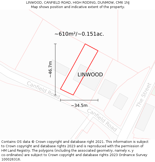 LINWOOD, CANFIELD ROAD, HIGH RODING, DUNMOW, CM6 1NJ: Plot and title map