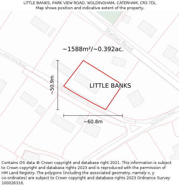 LITTLE BANKS, PARK VIEW ROAD, WOLDINGHAM, CATERHAM, CR3 7DL: Plot and title map