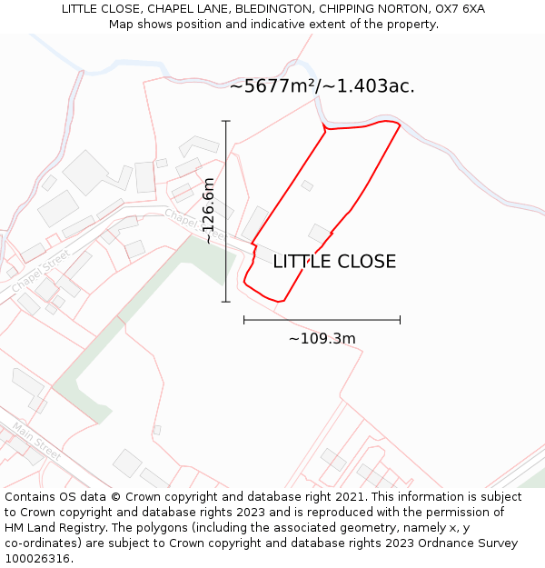 LITTLE CLOSE, CHAPEL LANE, BLEDINGTON, CHIPPING NORTON, OX7 6XA: Plot and title map