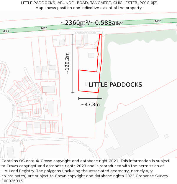 LITTLE PADDOCKS, ARUNDEL ROAD, TANGMERE, CHICHESTER, PO18 0JZ: Plot and title map