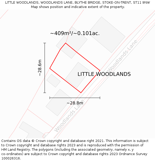 LITTLE WOODLANDS, WOODLANDS LANE, BLYTHE BRIDGE, STOKE-ON-TRENT, ST11 9NW: Plot and title map