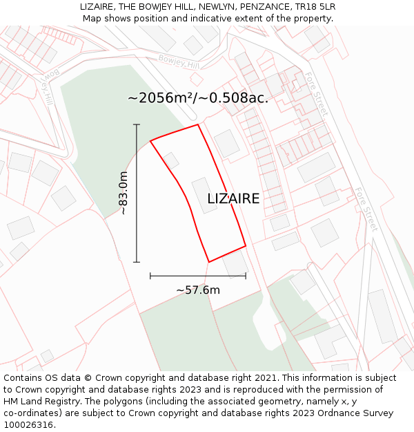 LIZAIRE, THE BOWJEY HILL, NEWLYN, PENZANCE, TR18 5LR: Plot and title map