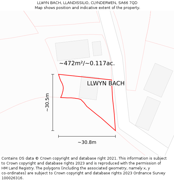 LLWYN BACH, LLANDISSILIO, CLYNDERWEN, SA66 7QD: Plot and title map