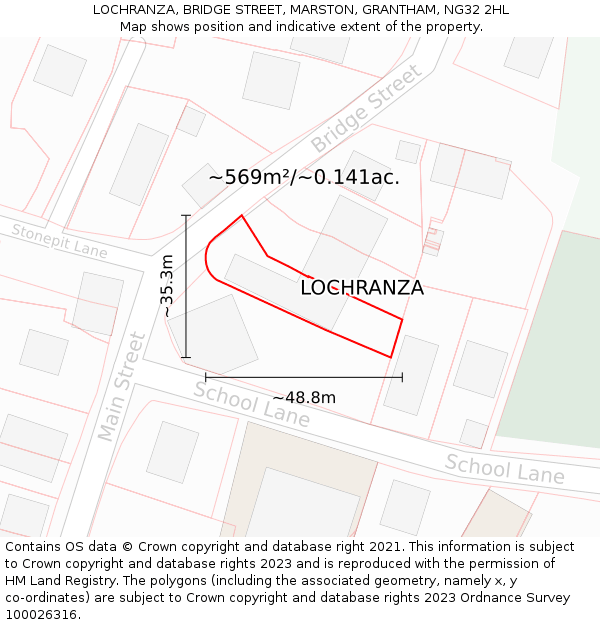 LOCHRANZA, BRIDGE STREET, MARSTON, GRANTHAM, NG32 2HL: Plot and title map