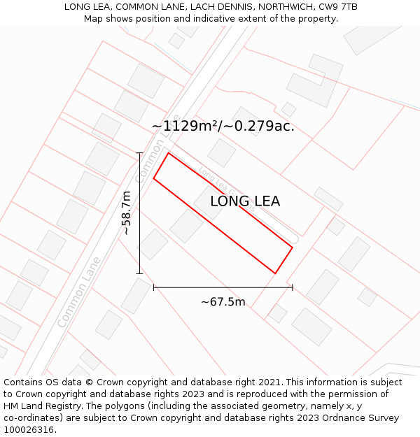 LONG LEA, COMMON LANE, LACH DENNIS, NORTHWICH, CW9 7TB: Plot and title map