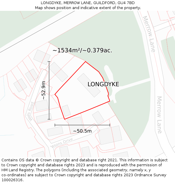 LONGDYKE, MERROW LANE, GUILDFORD, GU4 7BD: Plot and title map