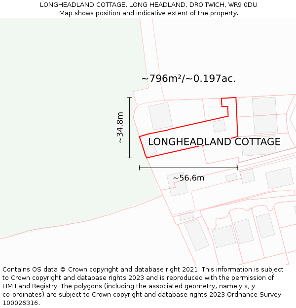 LONGHEADLAND COTTAGE, LONG HEADLAND, DROITWICH, WR9 0DU: Plot and title map