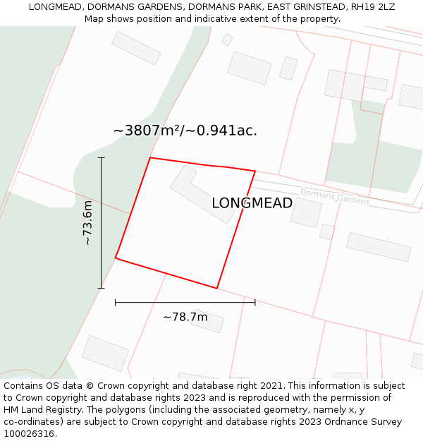 LONGMEAD, DORMANS GARDENS, DORMANS PARK, EAST GRINSTEAD, RH19 2LZ: Plot and title map