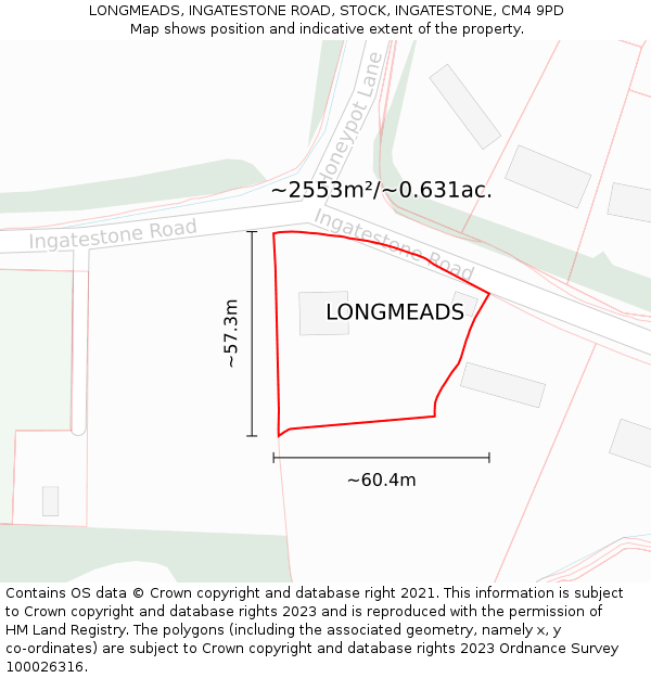 LONGMEADS, INGATESTONE ROAD, STOCK, INGATESTONE, CM4 9PD: Plot and title map