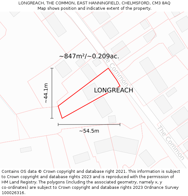 LONGREACH, THE COMMON, EAST HANNINGFIELD, CHELMSFORD, CM3 8AQ: Plot and title map