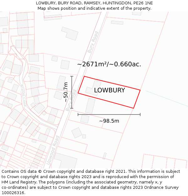 LOWBURY, BURY ROAD, RAMSEY, HUNTINGDON, PE26 1NE: Plot and title map