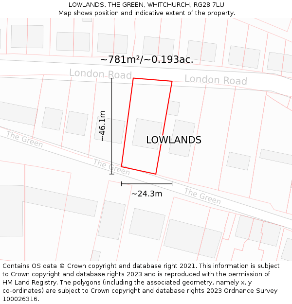 LOWLANDS, THE GREEN, WHITCHURCH, RG28 7LU: Plot and title map