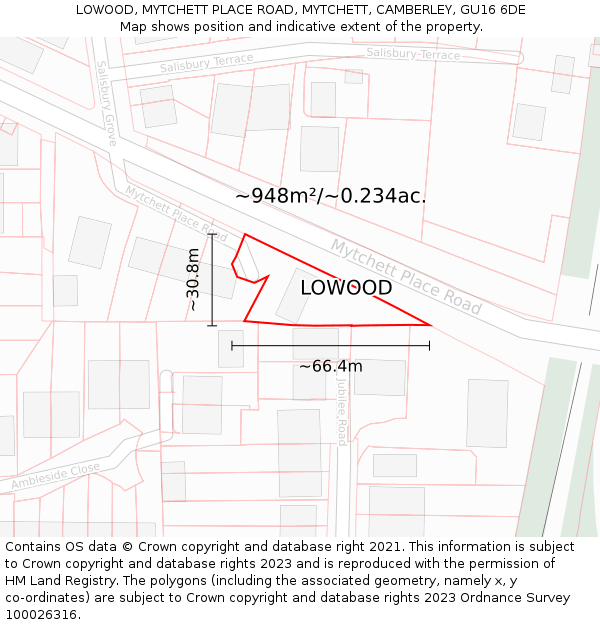 LOWOOD, MYTCHETT PLACE ROAD, MYTCHETT, CAMBERLEY, GU16 6DE: Plot and title map