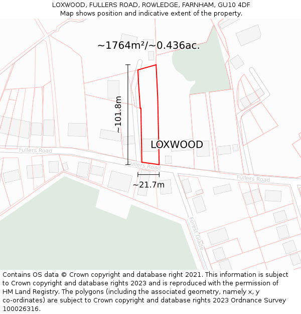 LOXWOOD, FULLERS ROAD, ROWLEDGE, FARNHAM, GU10 4DF: Plot and title map