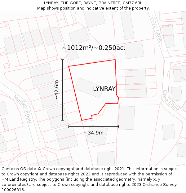 LYNRAY, THE GORE, RAYNE, BRAINTREE, CM77 6RL: Plot and title map