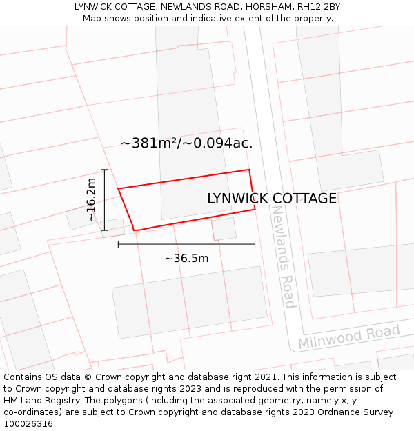 LYNWICK COTTAGE, NEWLANDS ROAD, HORSHAM, RH12 2BY: Plot and title map