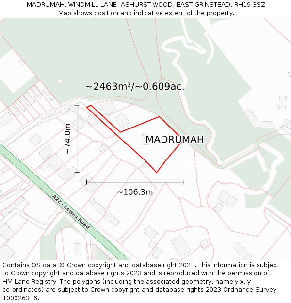 MADRUMAH, WINDMILL LANE, ASHURST WOOD, EAST GRINSTEAD, RH19 3SZ: Plot and title map