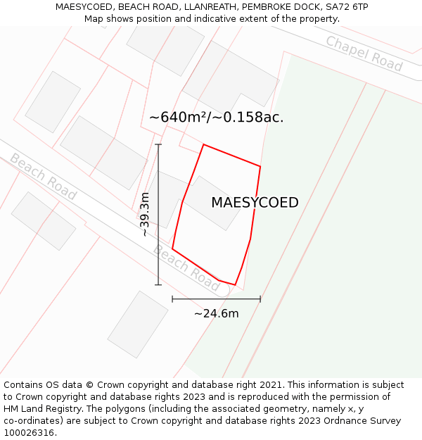 MAESYCOED, BEACH ROAD, LLANREATH, PEMBROKE DOCK, SA72 6TP: Plot and title map