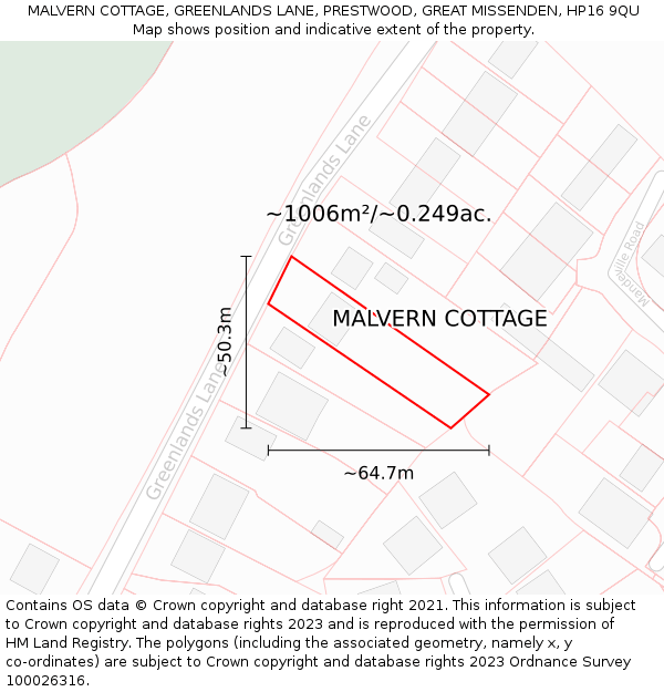 MALVERN COTTAGE, GREENLANDS LANE, PRESTWOOD, GREAT MISSENDEN, HP16 9QU: Plot and title map