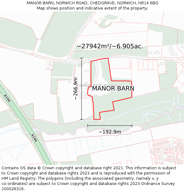 MANOR BARN, NORWICH ROAD, CHEDGRAVE, NORWICH, NR14 6BG: Plot and title map