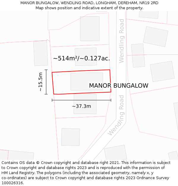 MANOR BUNGALOW, WENDLING ROAD, LONGHAM, DEREHAM, NR19 2RD: Plot and title map