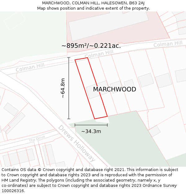 MARCHWOOD, COLMAN HILL, HALESOWEN, B63 2AJ: Plot and title map