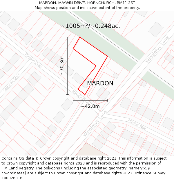 MARDON, MAYWIN DRIVE, HORNCHURCH, RM11 3ST: Plot and title map