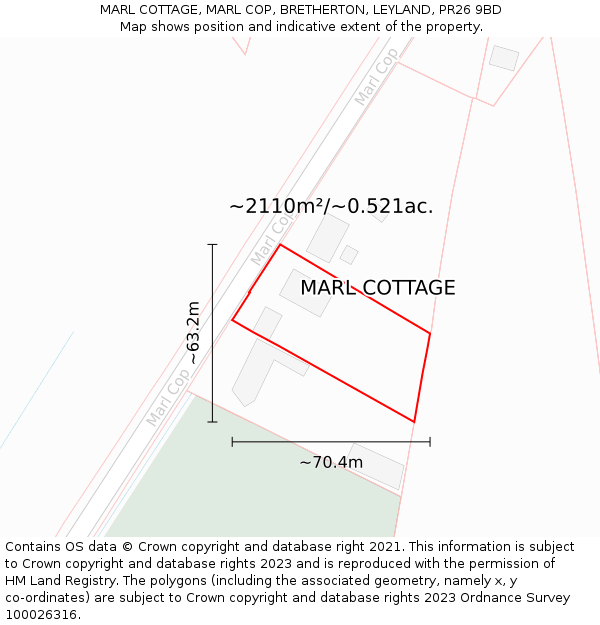 MARL COTTAGE, MARL COP, BRETHERTON, LEYLAND, PR26 9BD: Plot and title map
