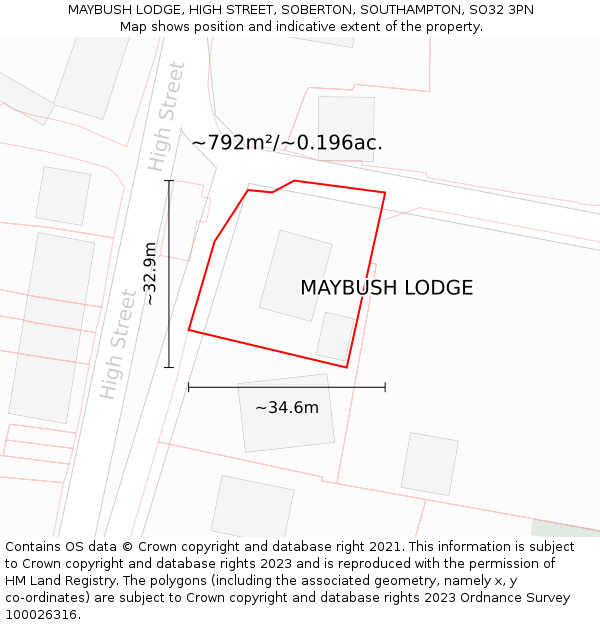 MAYBUSH LODGE, HIGH STREET, SOBERTON, SOUTHAMPTON, SO32 3PN: Plot and title map