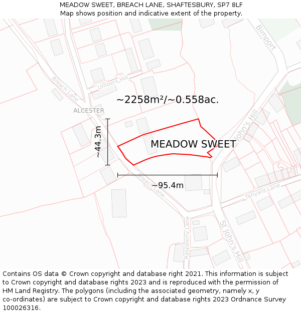 MEADOW SWEET, BREACH LANE, SHAFTESBURY, SP7 8LF: Plot and title map