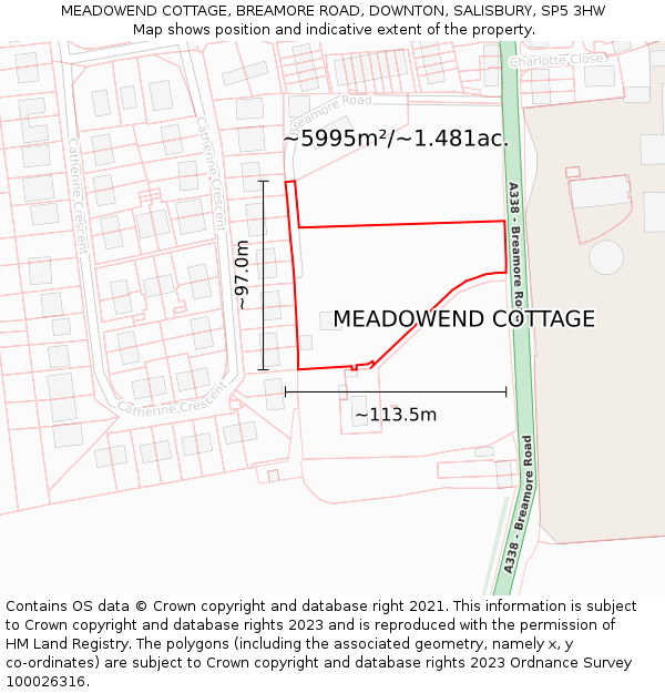 MEADOWEND COTTAGE, BREAMORE ROAD, DOWNTON, SALISBURY, SP5 3HW: Plot and title map