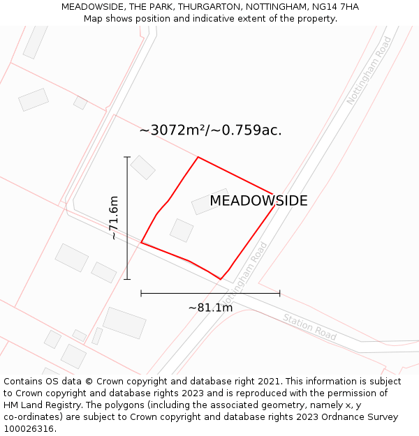 MEADOWSIDE, THE PARK, THURGARTON, NOTTINGHAM, NG14 7HA: Plot and title map