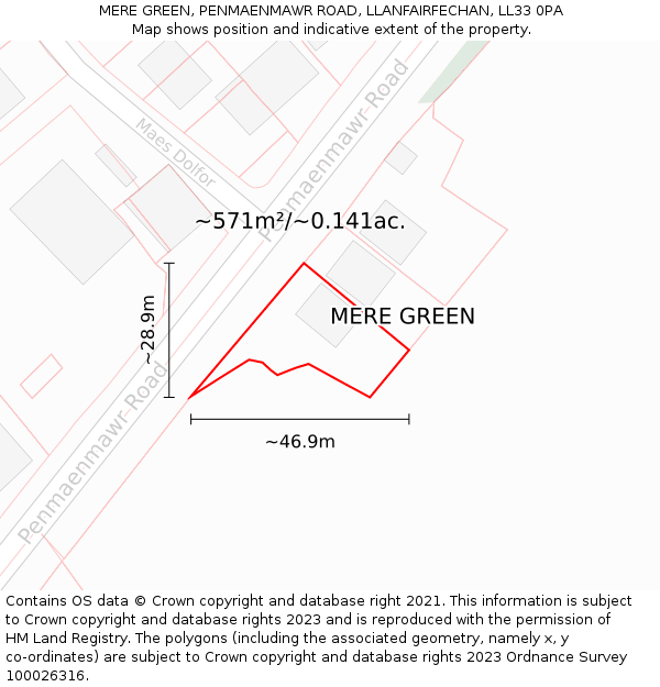 MERE GREEN, PENMAENMAWR ROAD, LLANFAIRFECHAN, LL33 0PA: Plot and title map