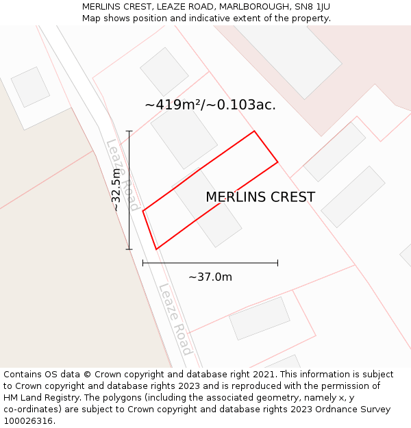 MERLINS CREST, LEAZE ROAD, MARLBOROUGH, SN8 1JU: Plot and title map