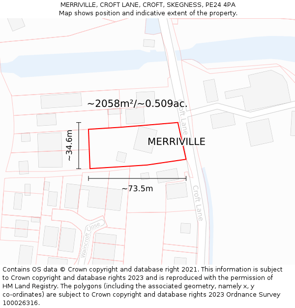 MERRIVILLE, CROFT LANE, CROFT, SKEGNESS, PE24 4PA: Plot and title map